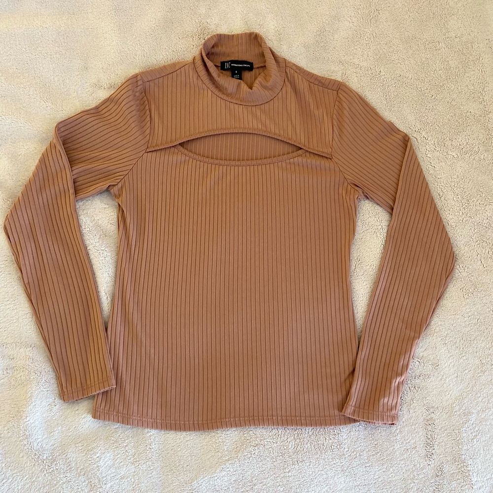 INC International Concepts Ribbed Cutout Mock Neck Top - Tan